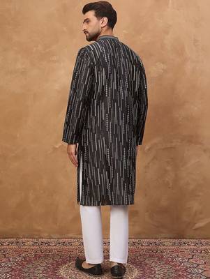 Men black silk blend geometric printed straight kurta with pant set 5