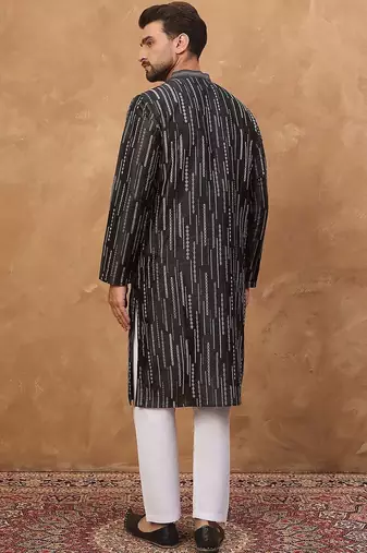 Men black silk blend geometric printed straight kurta with pant set