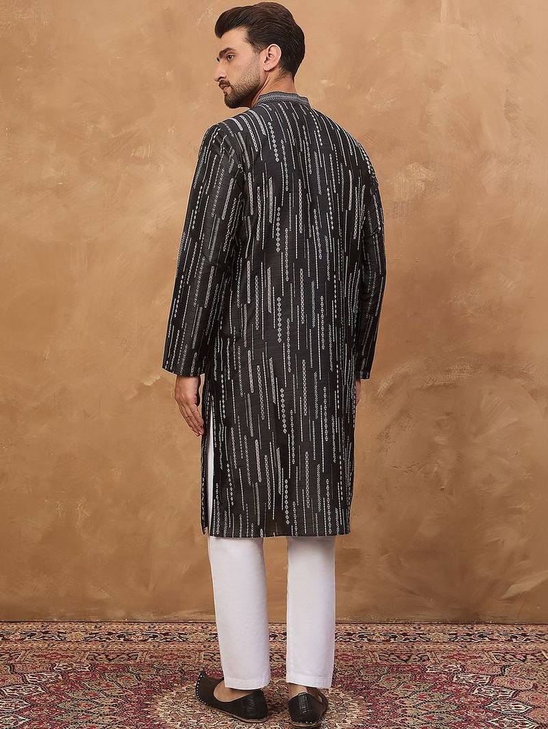 Men black silk blend geometric printed straight kurta with pant set