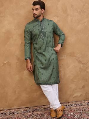 Men green silk blend geometric embroidered straight kurta with pant set 1