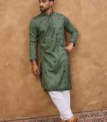 Men green silk blend geometric embroidered straight kurta with pant set