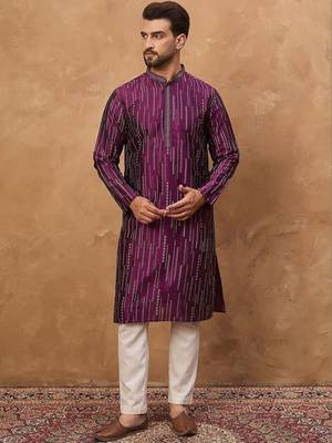 Men purple silk blend geometric printed straight kurta with pant set 1