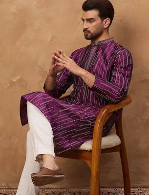 Men purple silk blend geometric printed straight kurta with pant set 3