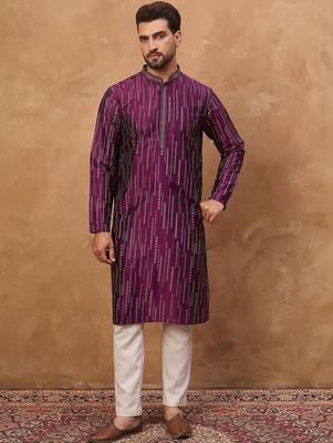 Men purple silk blend geometric printed straight kurta with pant set 4