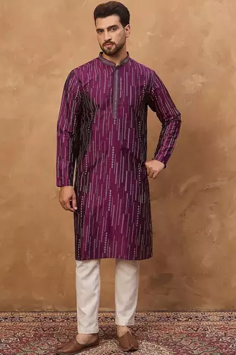 Men purple silk blend geometric printed straight kurta with pant set