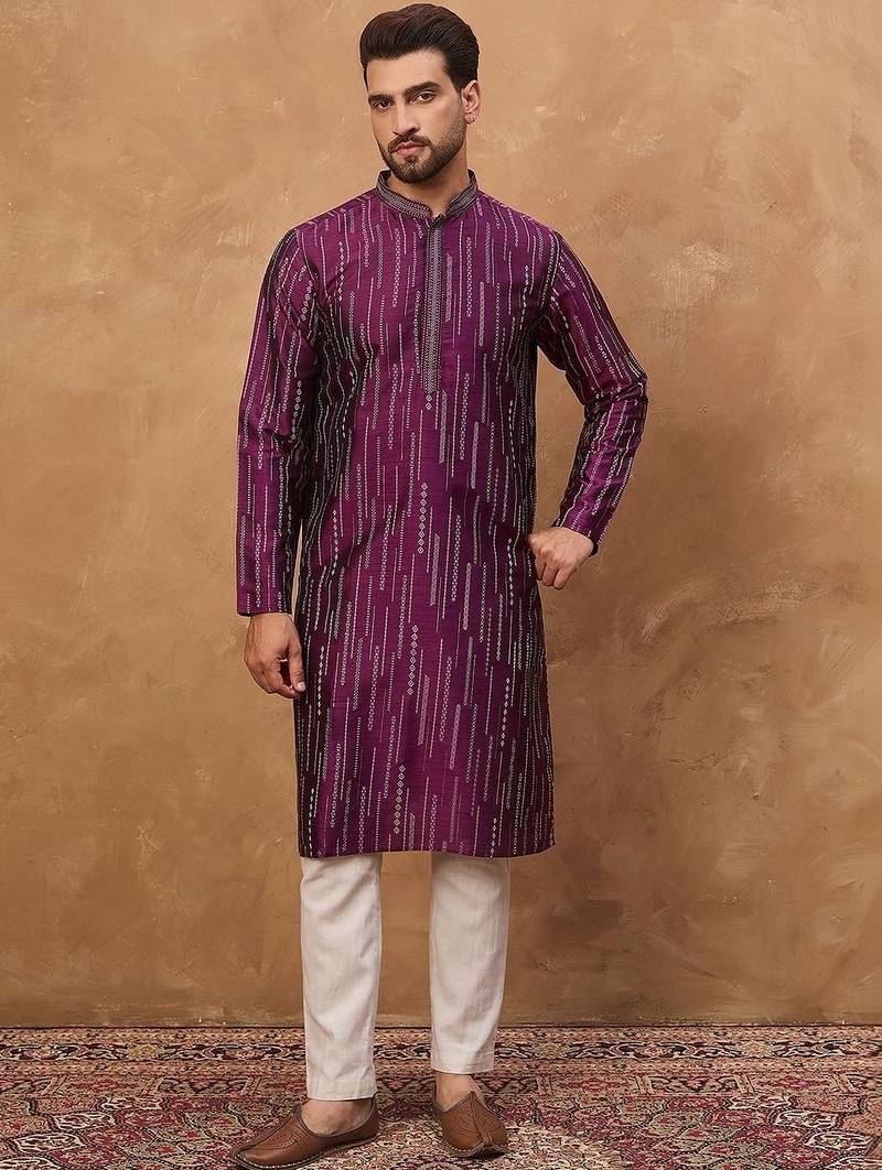 Men purple silk blend geometric printed straight kurta with pant set