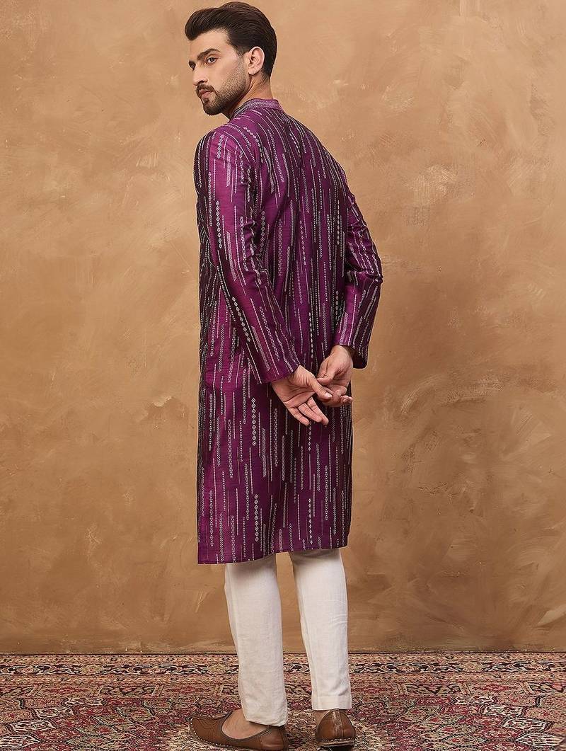 Men purple silk blend geometric printed straight kurta with pant set