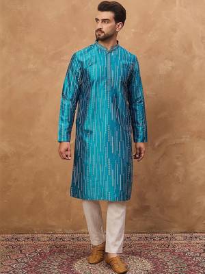 Men blue silk blend geometric printed straight kurta with pant set 1