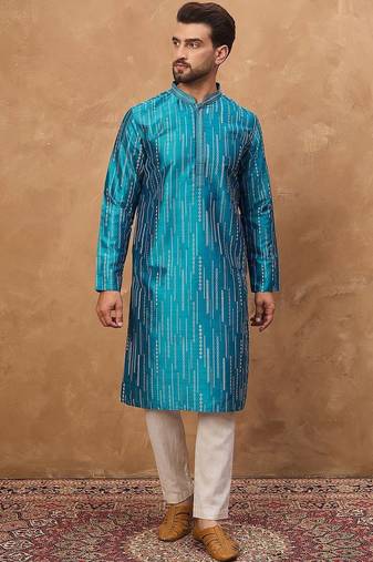 Men blue silk blend geometric printed straight kurta with pant set