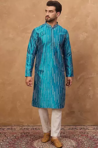 Men blue silk blend geometric printed straight kurta with pant set