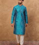 Men blue silk blend geometric printed straight kurta with pant set