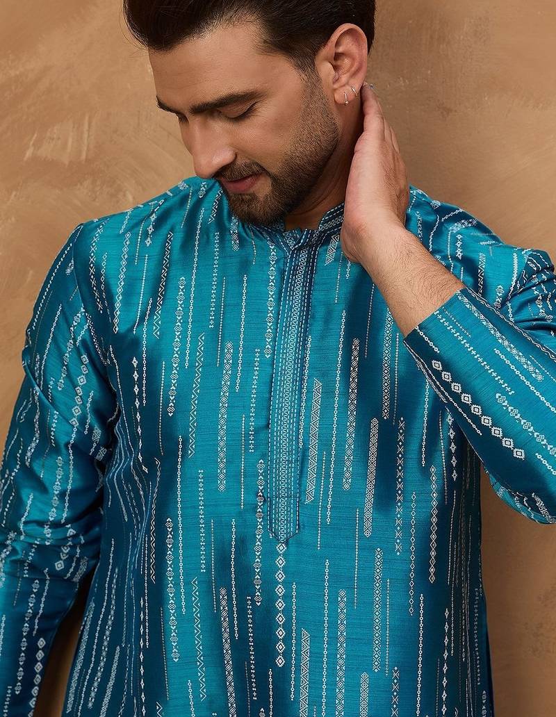 Men blue silk blend geometric printed straight kurta with pant set