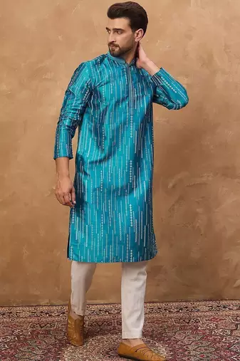 Men blue silk blend geometric printed straight kurta with pant set