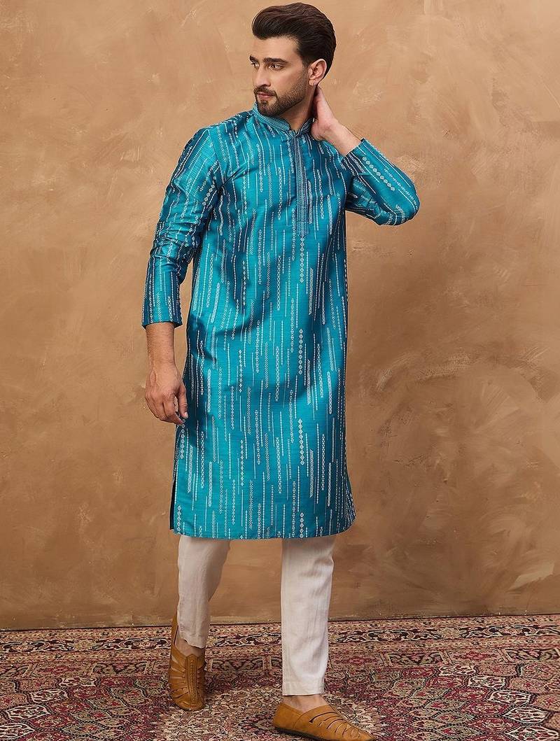 Men blue silk blend geometric printed straight kurta with pant set