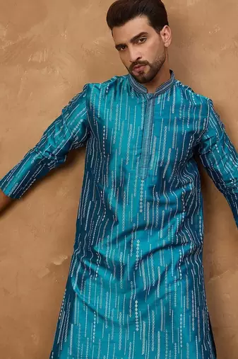 Men blue silk blend geometric printed straight kurta with pant set