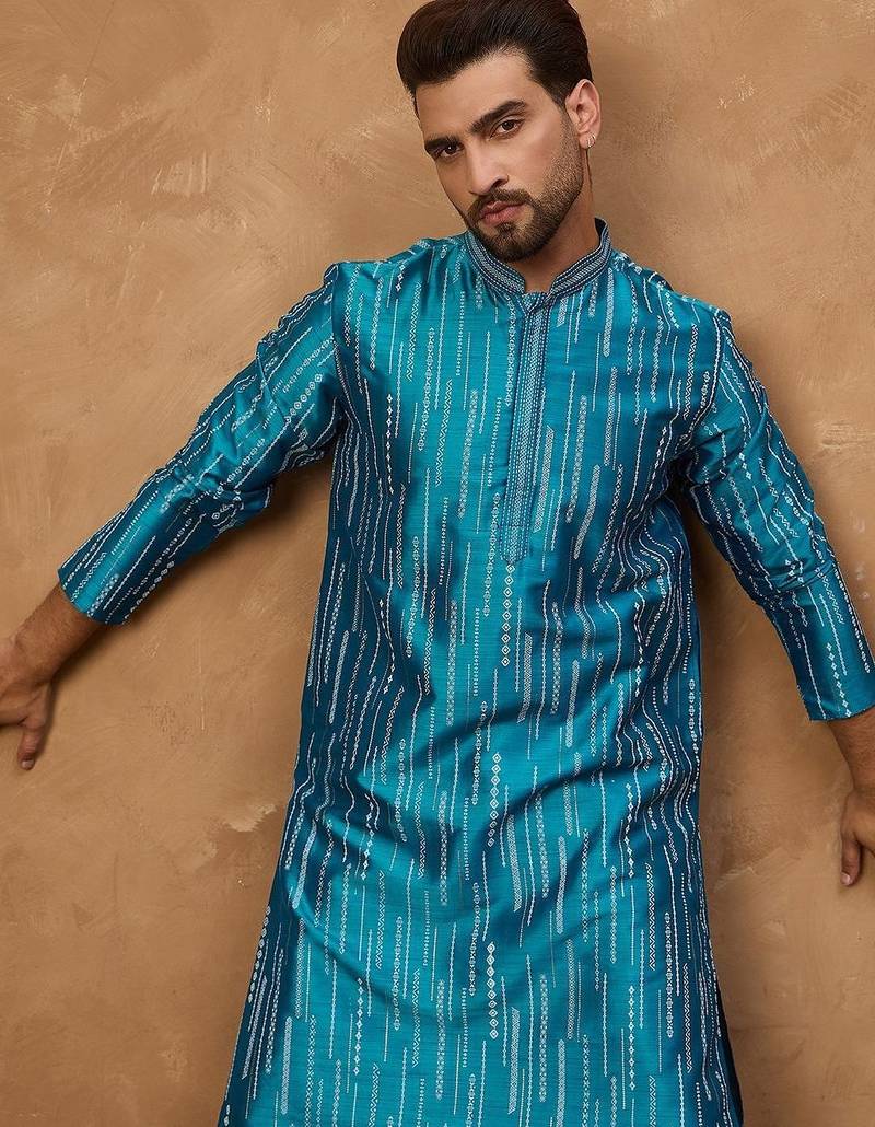 Men blue silk blend geometric printed straight kurta with pant set