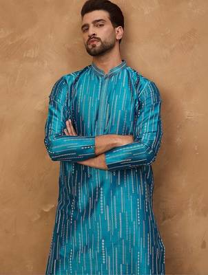 Men blue silk blend geometric printed straight kurta with pant set 5