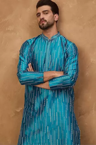 Men blue silk blend geometric printed straight kurta with pant set