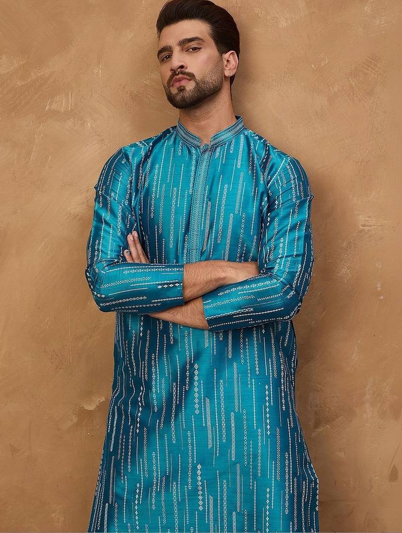 Men blue silk blend geometric printed straight kurta with pant set
