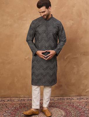 Men black silk blend geometric printed straight kurta with pant set 1