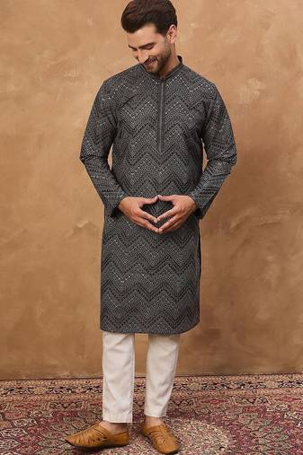 Men black silk blend geometric printed straight kurta with pant set