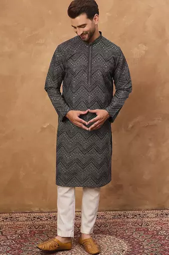 Men black silk blend geometric printed straight kurta with pant set