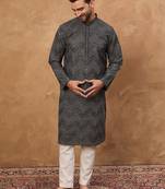 Men black silk blend geometric printed straight kurta with pant set