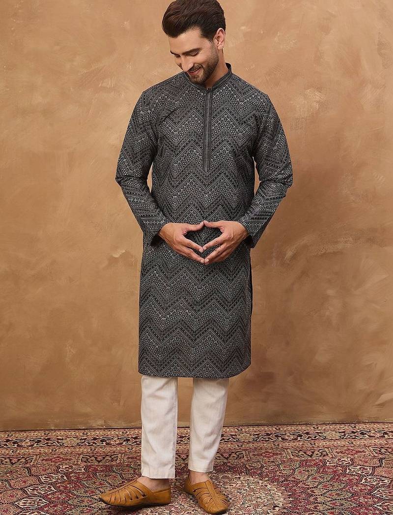 Men black silk blend geometric printed straight kurta with pant set