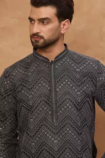 Men black silk blend geometric printed straight kurta with pant set