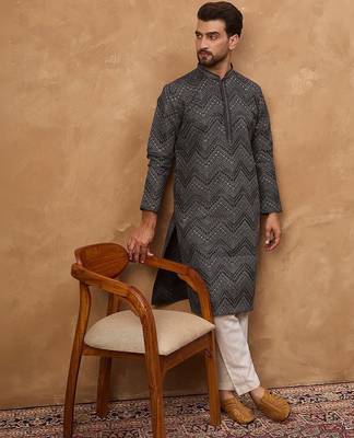 Men black silk blend geometric printed straight kurta with pant set 3