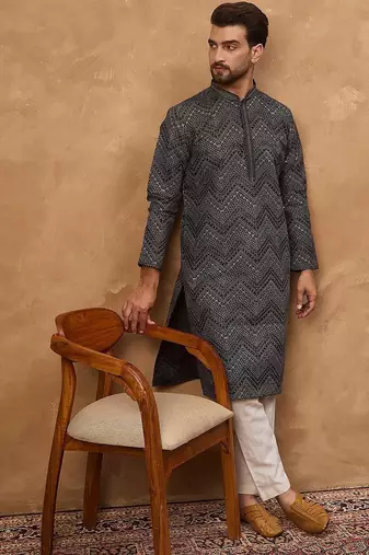 Men black silk blend geometric printed straight kurta with pant set