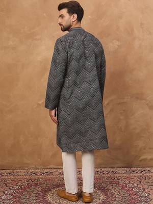 Men black silk blend geometric printed straight kurta with pant set 4