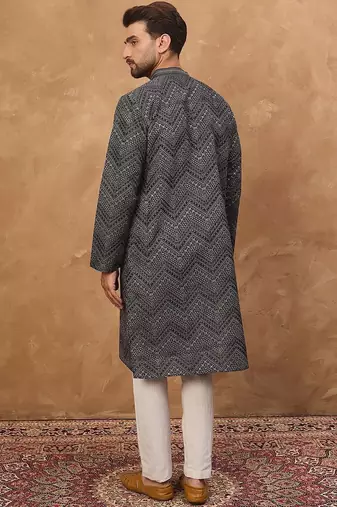 Men black silk blend geometric printed straight kurta with pant set