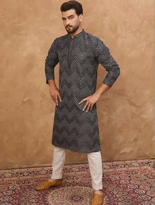Men black silk blend geometric printed straight kurta with pant set 5