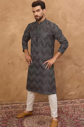 Men black silk blend geometric printed straight kurta with pant set