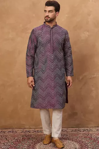 Men purple silk blend geometric printed straight kurta with pant set