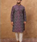 Men purple silk blend geometric printed straight kurta with pant set