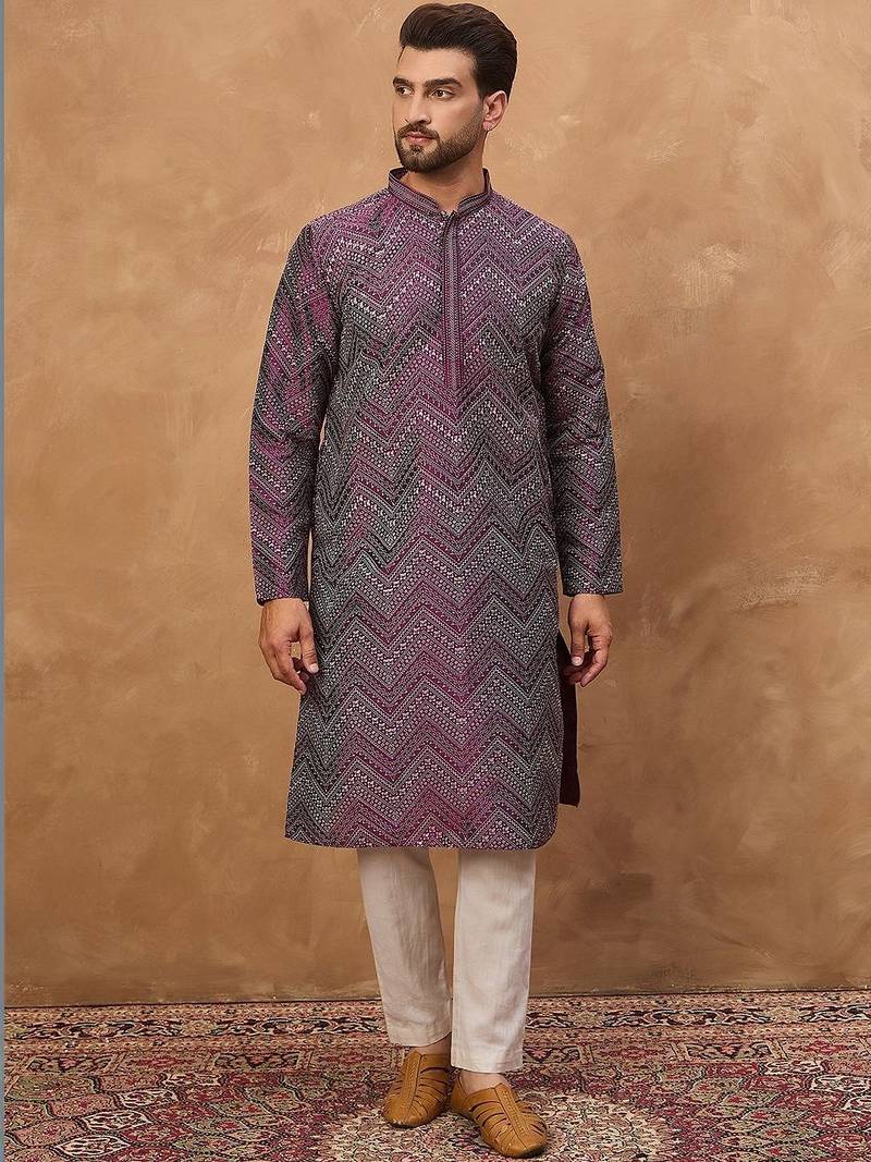Men purple silk blend geometric printed straight kurta with pant set