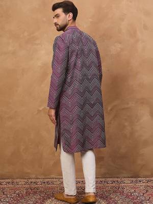Men purple silk blend geometric printed straight kurta with pant set 2