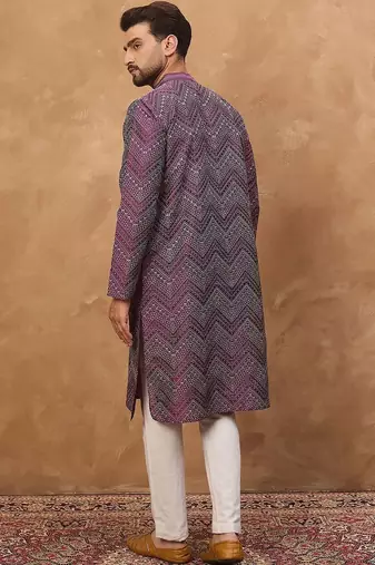 Men purple silk blend geometric printed straight kurta with pant set