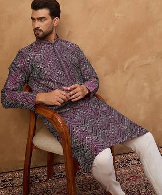 Men purple silk blend geometric printed straight kurta with pant set 3