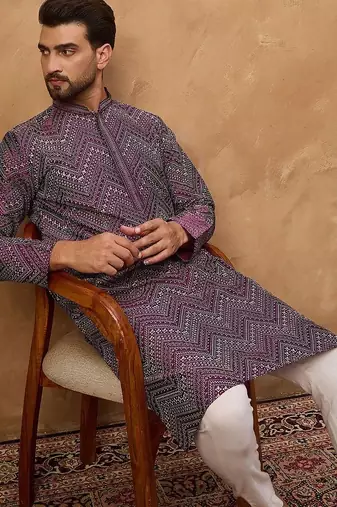 Men purple silk blend geometric printed straight kurta with pant set