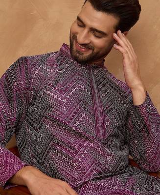 Men purple silk blend geometric printed straight kurta with pant set 4