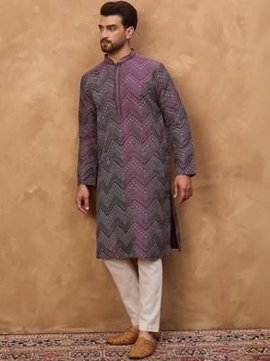 Men purple silk blend geometric printed straight kurta with pant set 5
