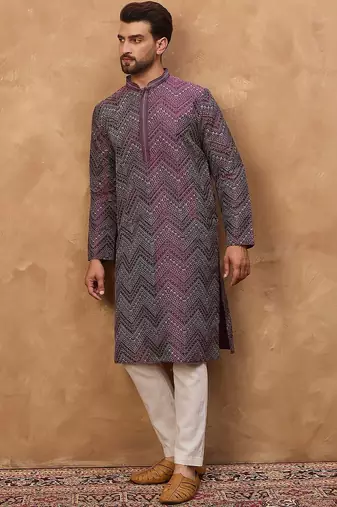 Men purple silk blend geometric printed straight kurta with pant set
