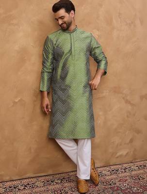 Men green silk blend geometric printed straight kurta with pant set 1
