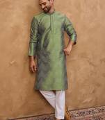 Men green silk blend geometric printed straight kurta with pant set