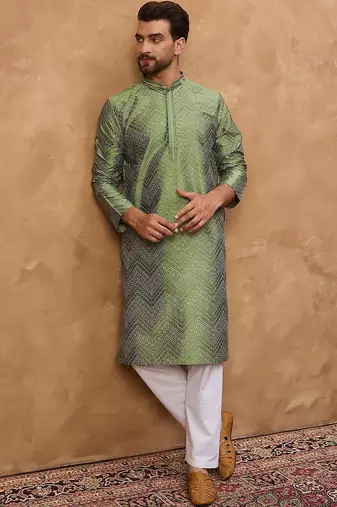 Men green silk blend geometric printed straight kurta with pant set
