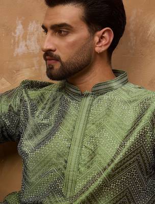 Men green silk blend geometric printed straight kurta with pant set 5