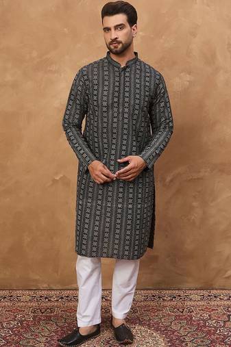 Men black silk blend geometric printed straight kurta with pant set